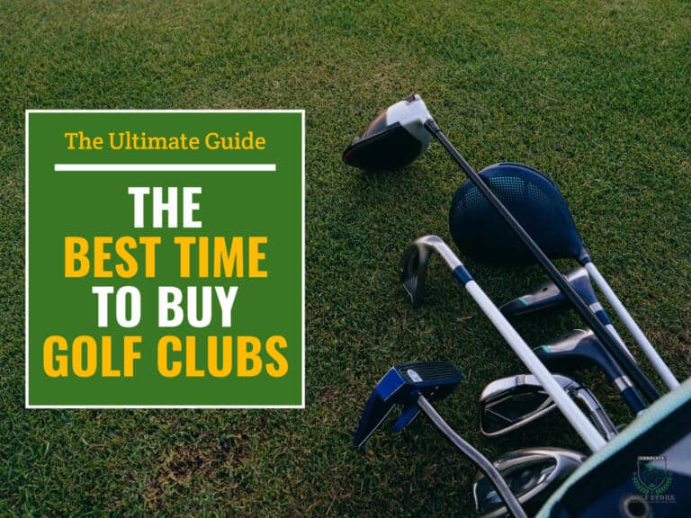 A golf club set in a golf bag laid down on the grass of a golf course with a green textbox on the left that contains the text "The Ultimate Guide. The Best Time To Buy Golf Clubs"