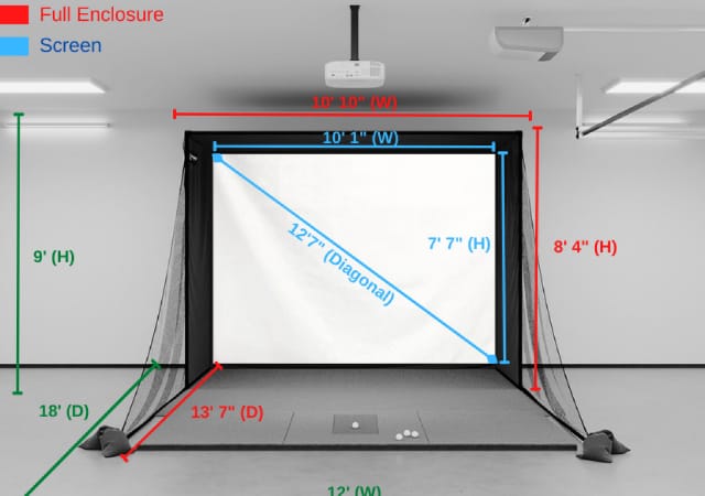 Image of a golf simulator enclosure and screen with its corresponding dimensions in red and blue, respectively. Recommended room dimensions are shown in green.
