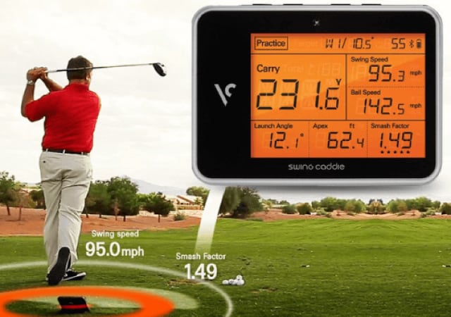 Image of a man swinging his golf club in a golf course with a radar launch monitor on the left of the image showing data from his swing.