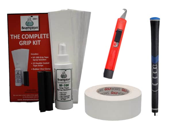 Regripping kits, box cutter, grip tape, and new grip on white background