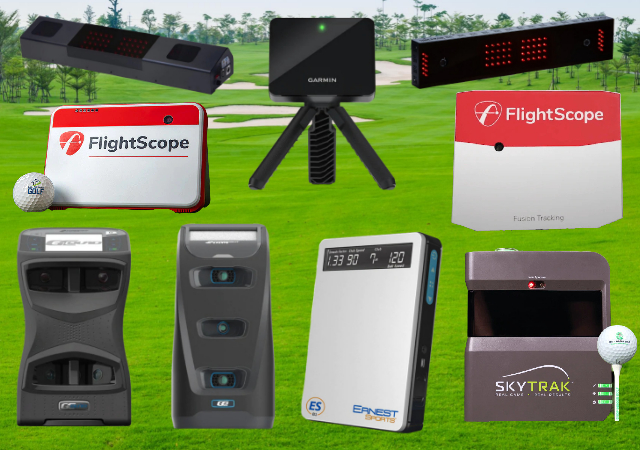 Collective images of different launch monitors with a golf course as its background
