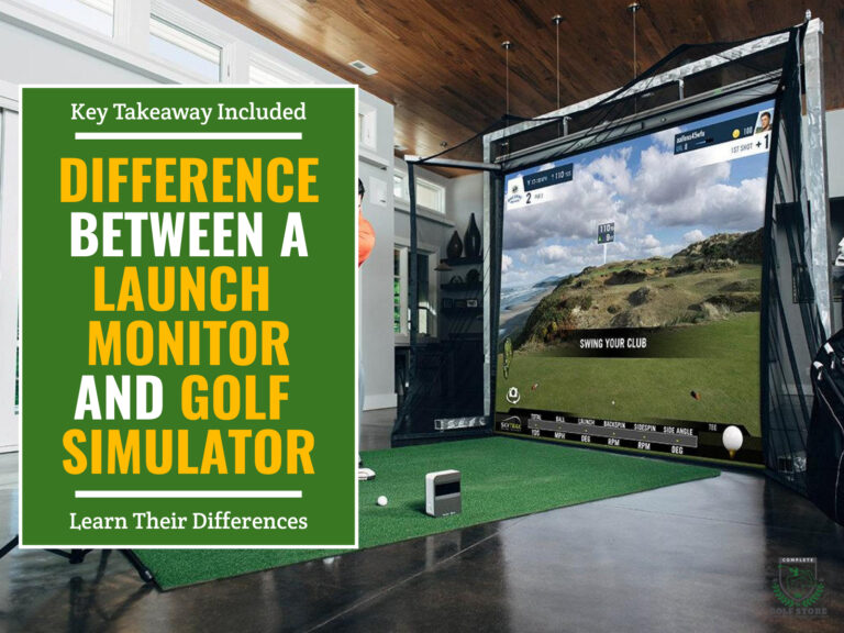 Complete golf simulator setup with launch monitor beside a lot of golf balls on the hitting mat. Green textbox on the left contains the text "Key Takeaways Included. Difference Between a Launch Monitor and Golf Simulator. Learn Their Differences."