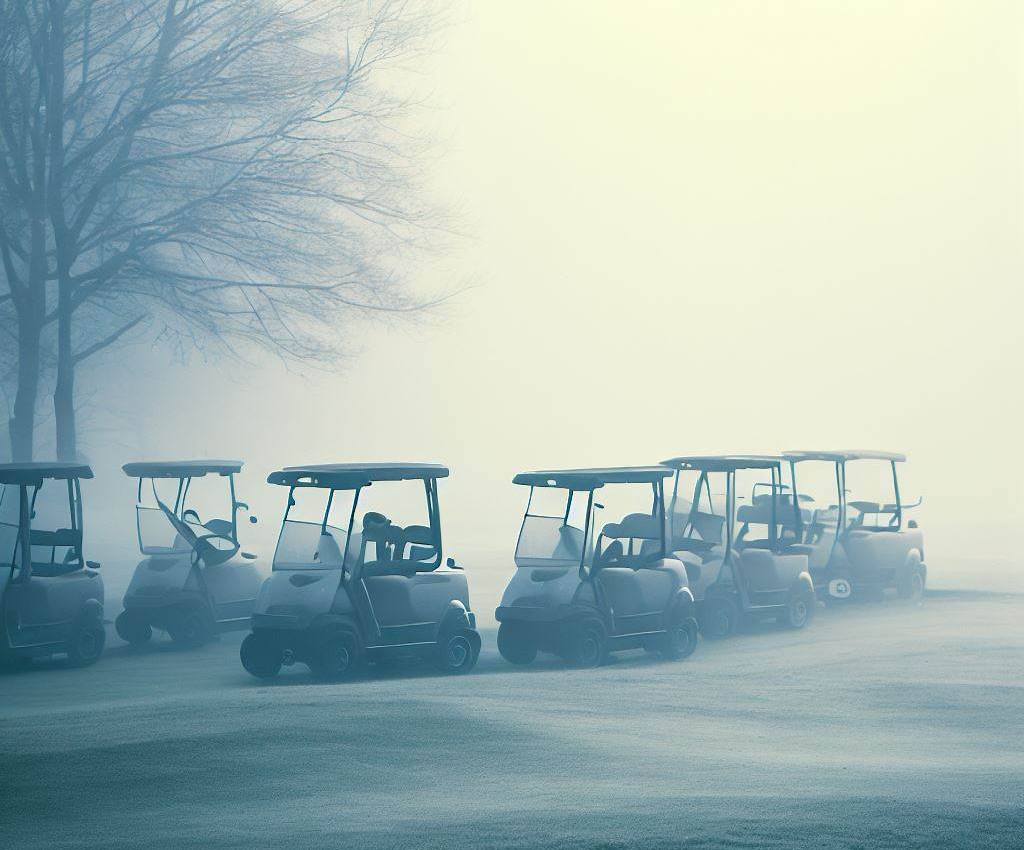 image of golf carts parked on a snowy golf course